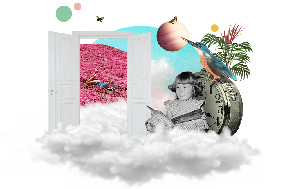 A collage with a little girl reading a magazine, an alarm clock, and a bird.