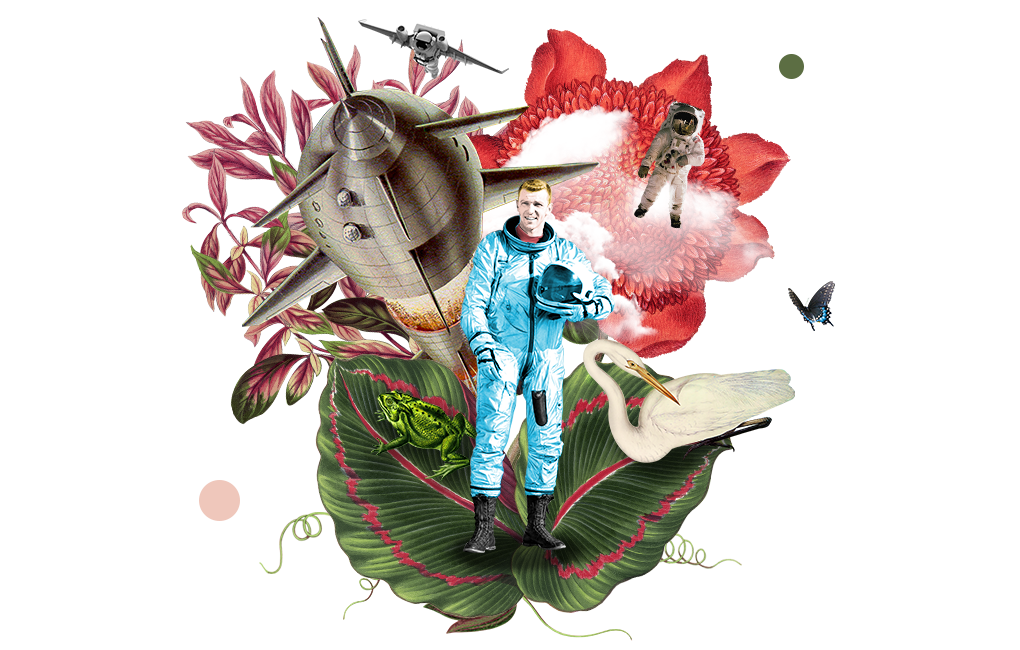 A collage with an astronaut, a rocket, and flowers.