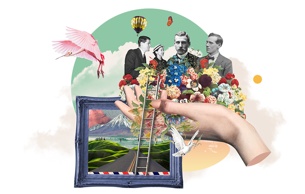 A collage with people in suits within a close-up of a hand.