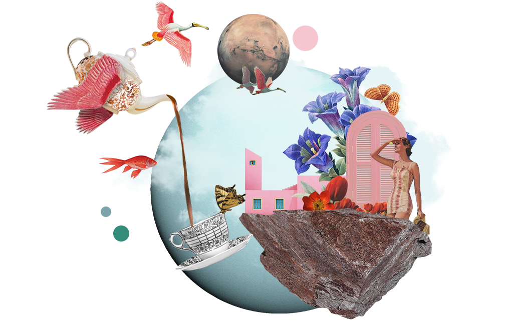 A collage featuring a teapot bird serving tea in a zen atmosphere.